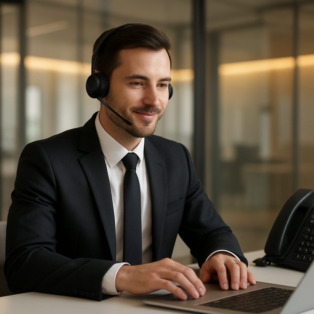Business professional using a modern Voiswitch headset and IP phone in a bright office