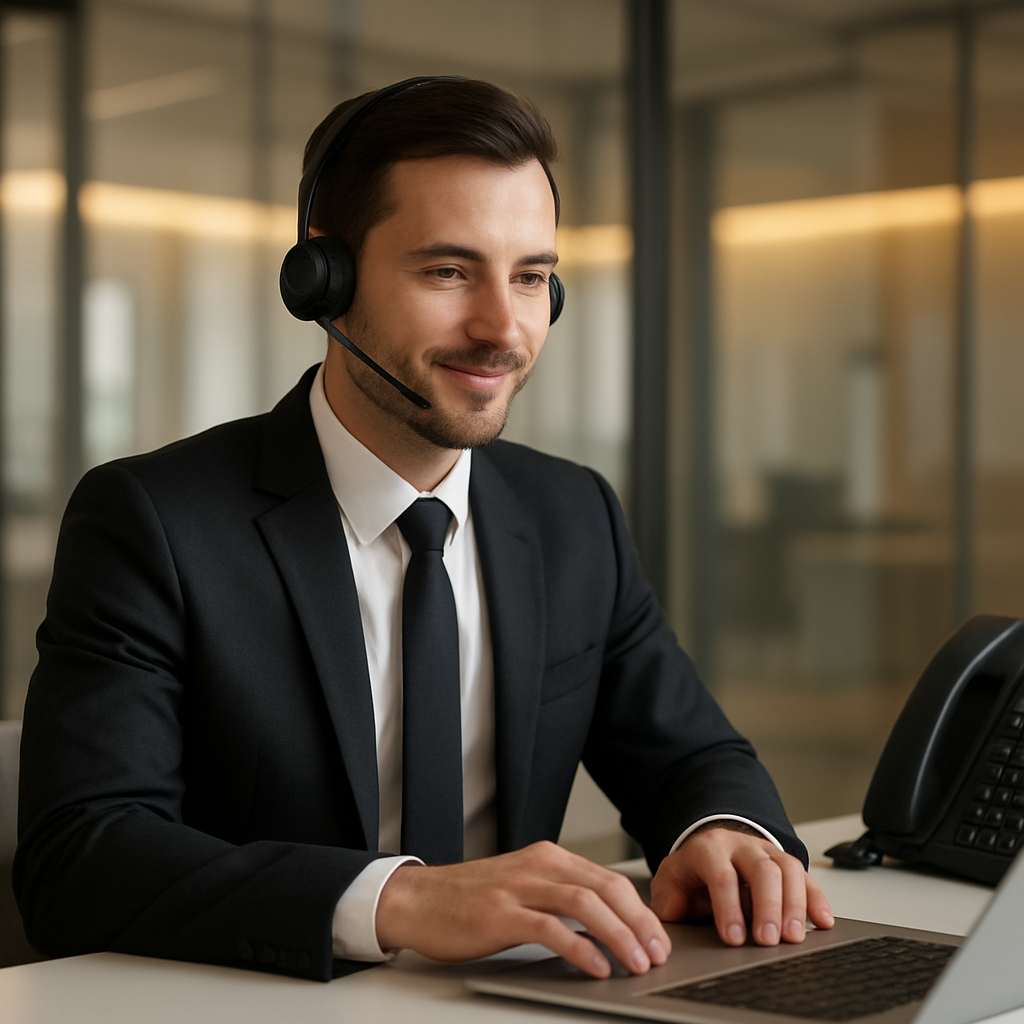 Business professional using a modern Voiswitch headset and IP phone in a bright office