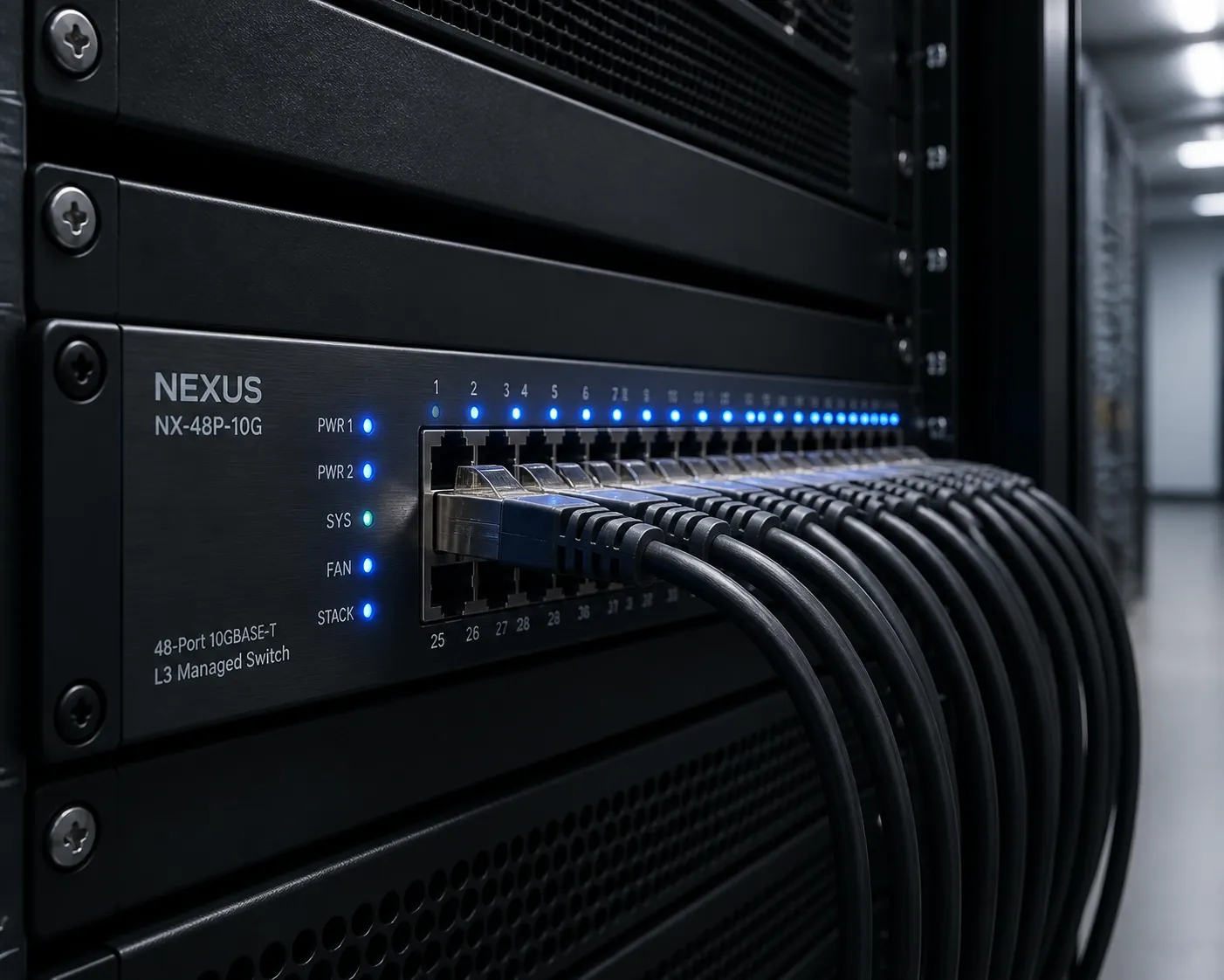 Professional business network switch with Ethernet cables for reliable cloud PBX Canada systems.