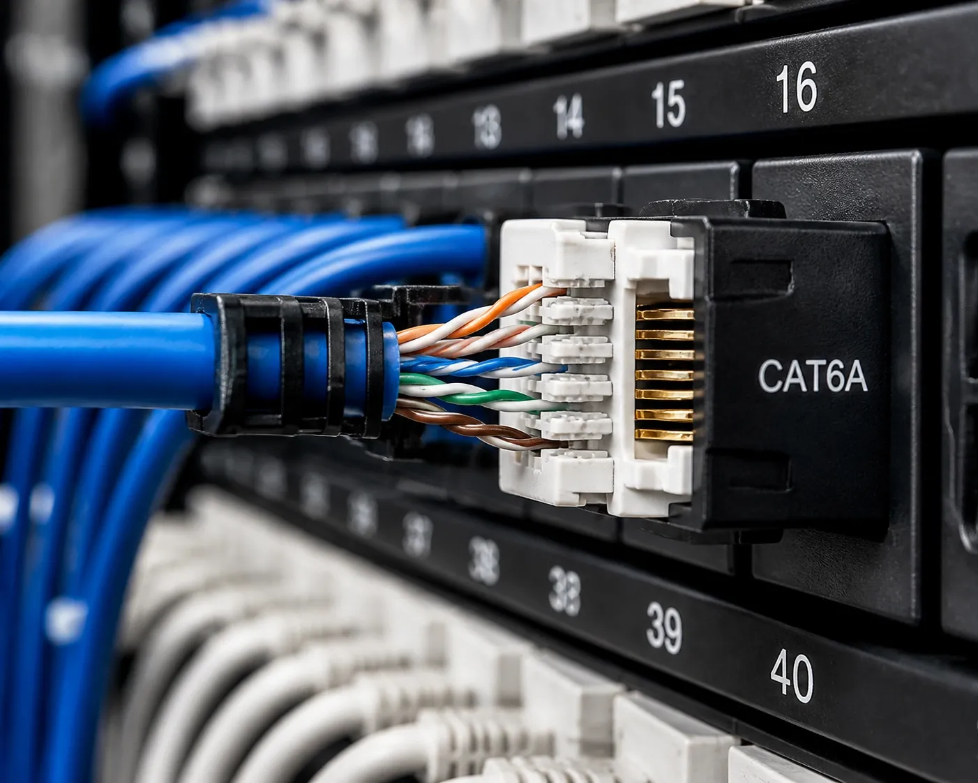 Cat6a cable termination for high-quality structured cabling services in a business office.