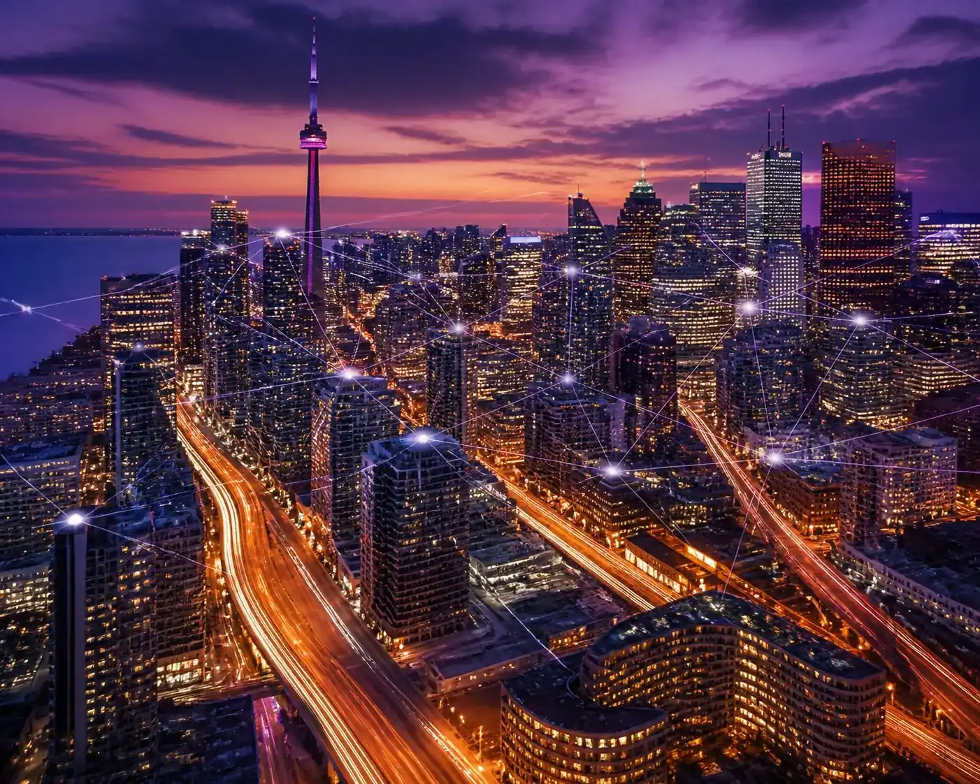 Canadian city skyline with network lines representing last-mile business internet connectivity.