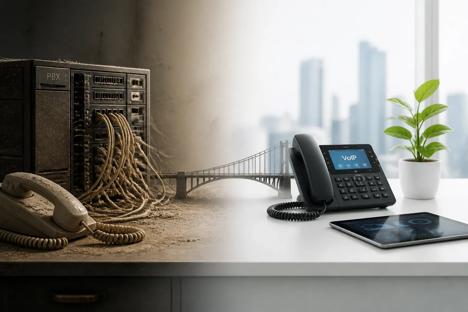 Transition from an old analog PBX system to a modern, efficient business VoIP networking workspace.