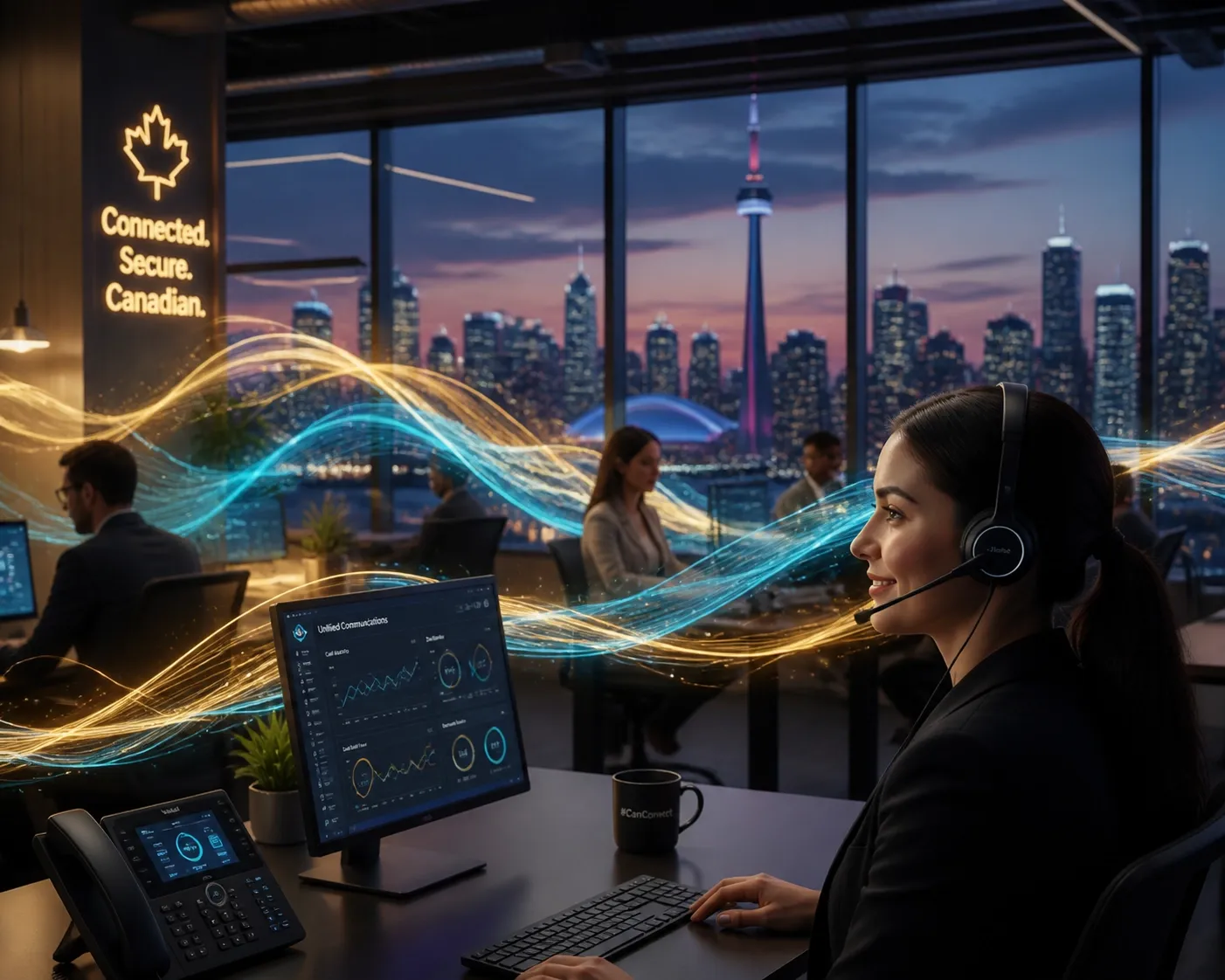 High-speed data and voice traffic visualization in a modern Canadian office using Cloud PBX services.