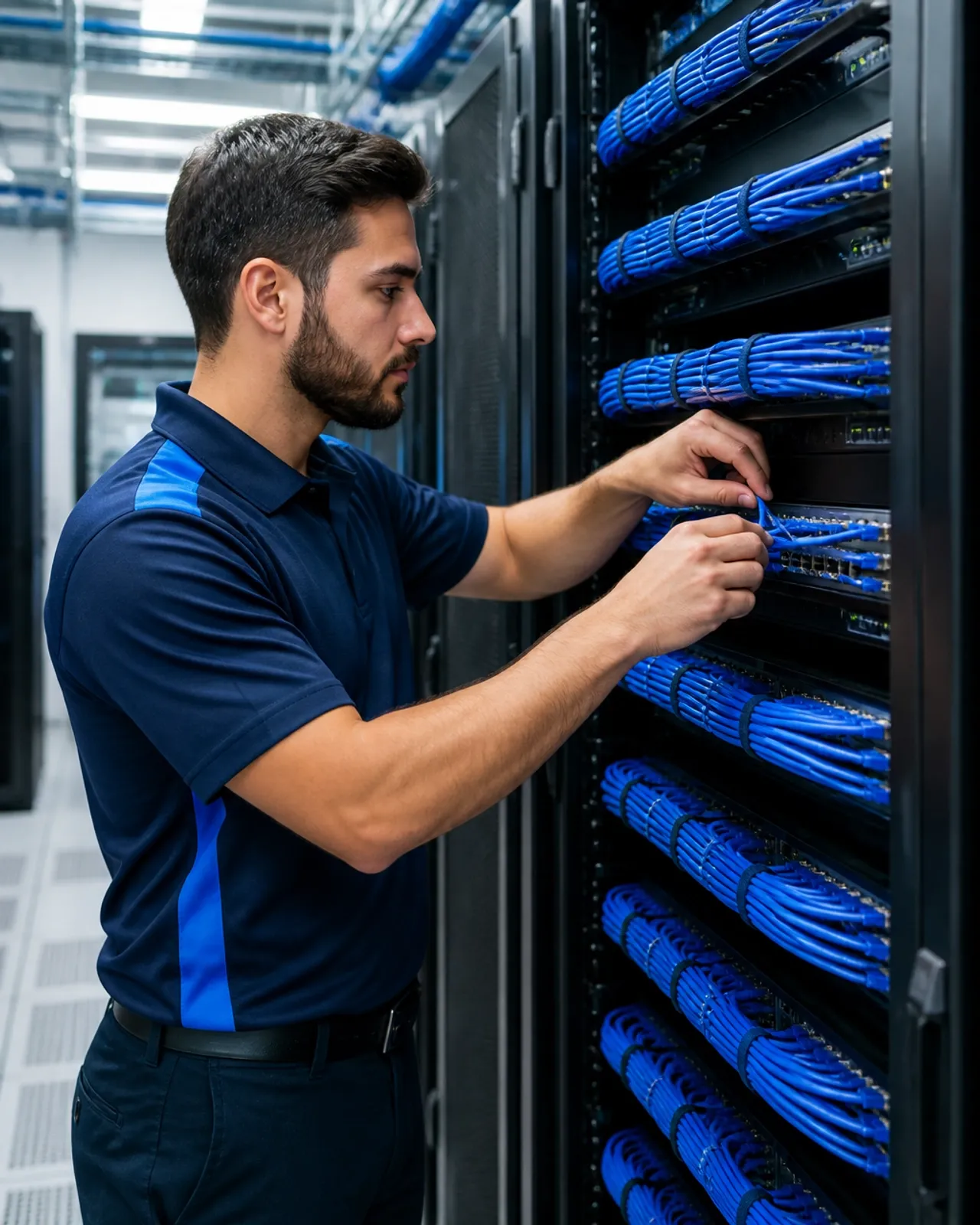A technician performing structured cabling services to ensure a stable network infrastructure.
