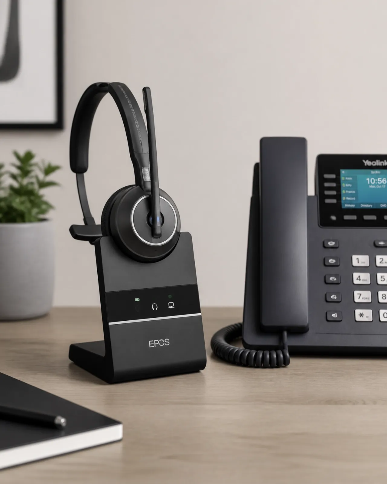 Professional wireless DECT headset on a charging base