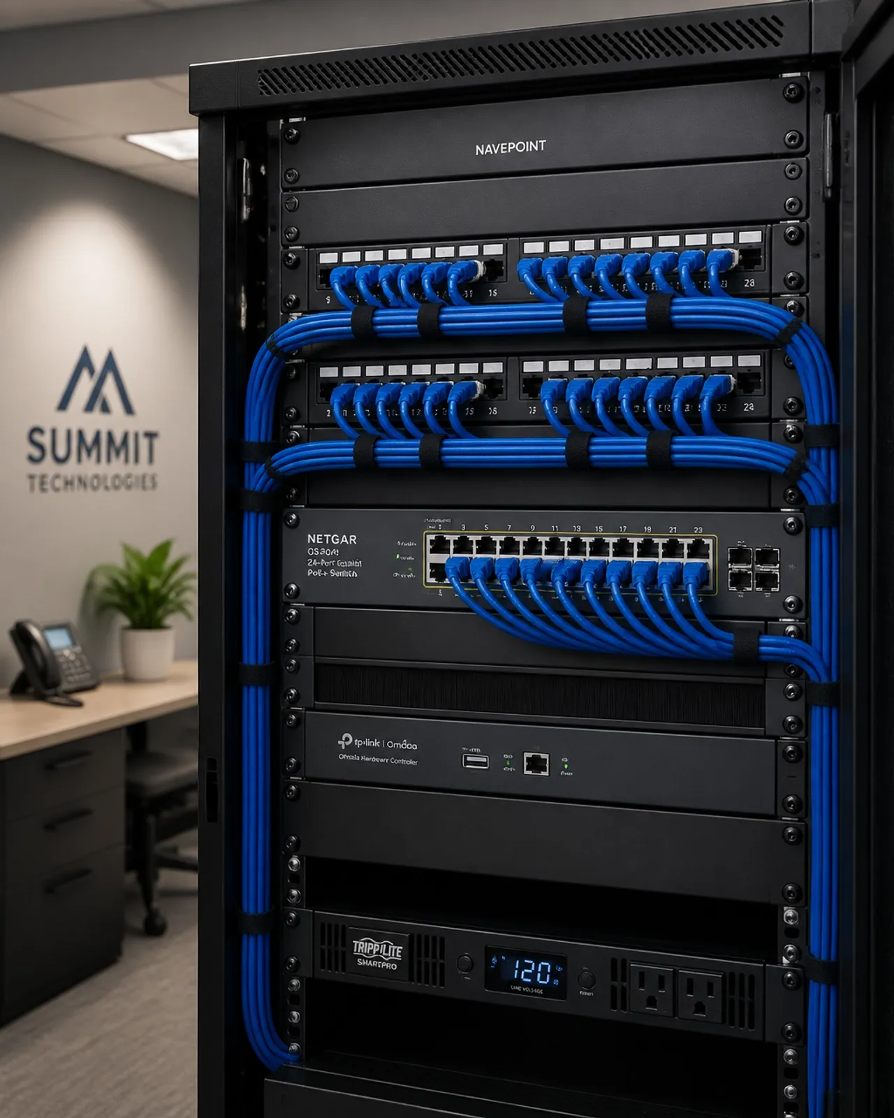 Neat server rack with PoE switch and organized blue cabling