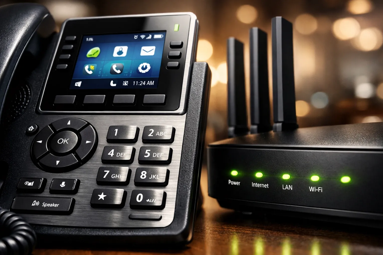 Detailed view of a premium IP desk phone and router, essential hardware for business VoIP Canada communication.