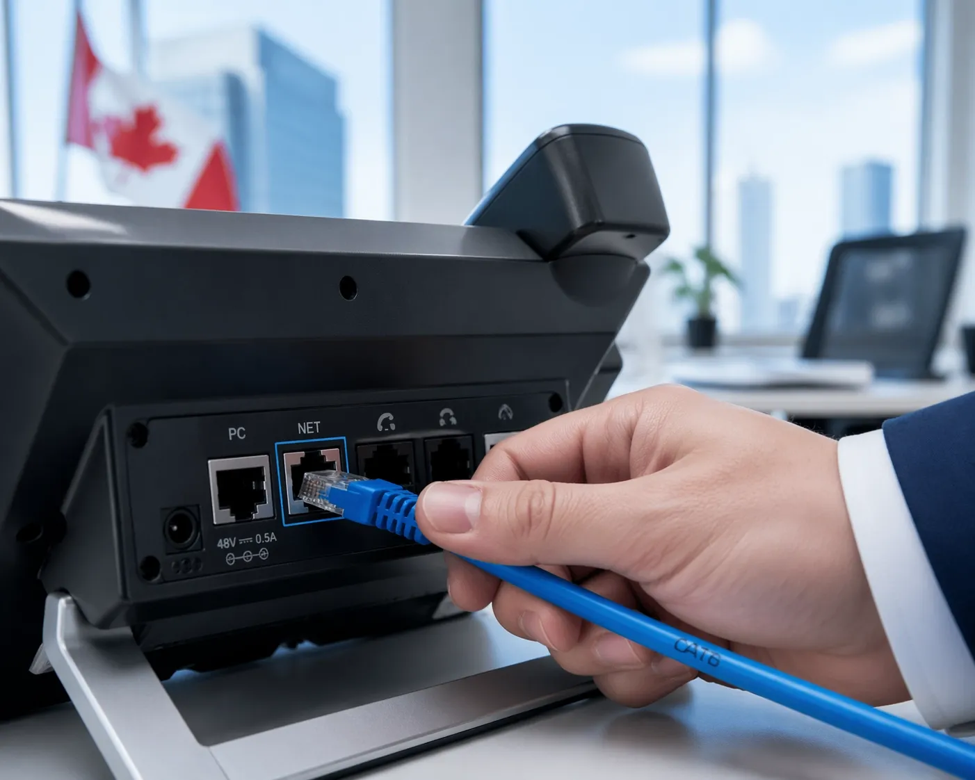 Connecting a high-quality Cat6 ethernet cable for professional structured cabling services in a Canadian office.