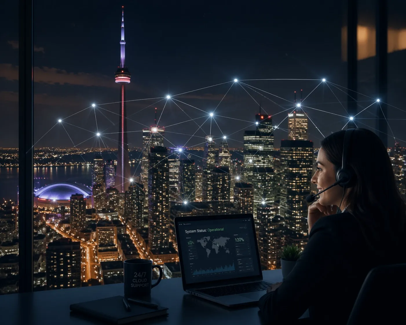 Business VoIP Canada professional using a reliable cloud network overlooking the Toronto skyline at night.