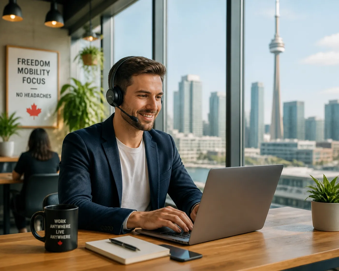 A smiling professional using a headset in a modern office to illustrate the benefits of Cloud PBX Canada.