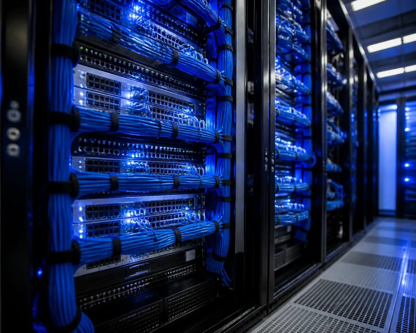 Meticulously organized server rack and blue ethernet cables highlighting professional structured cabling services.