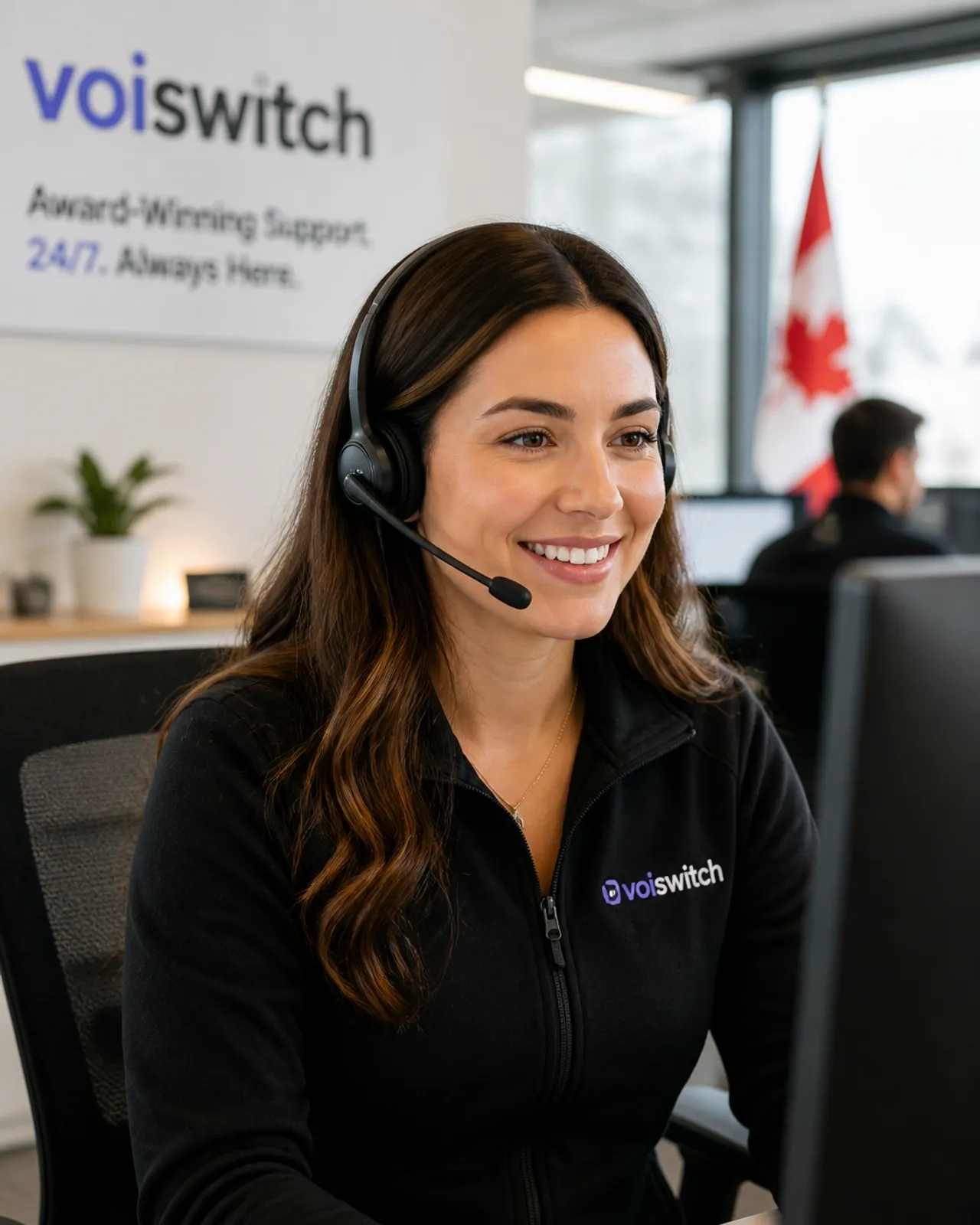 Friendly Voiswitch support representative in a modern Canadian office