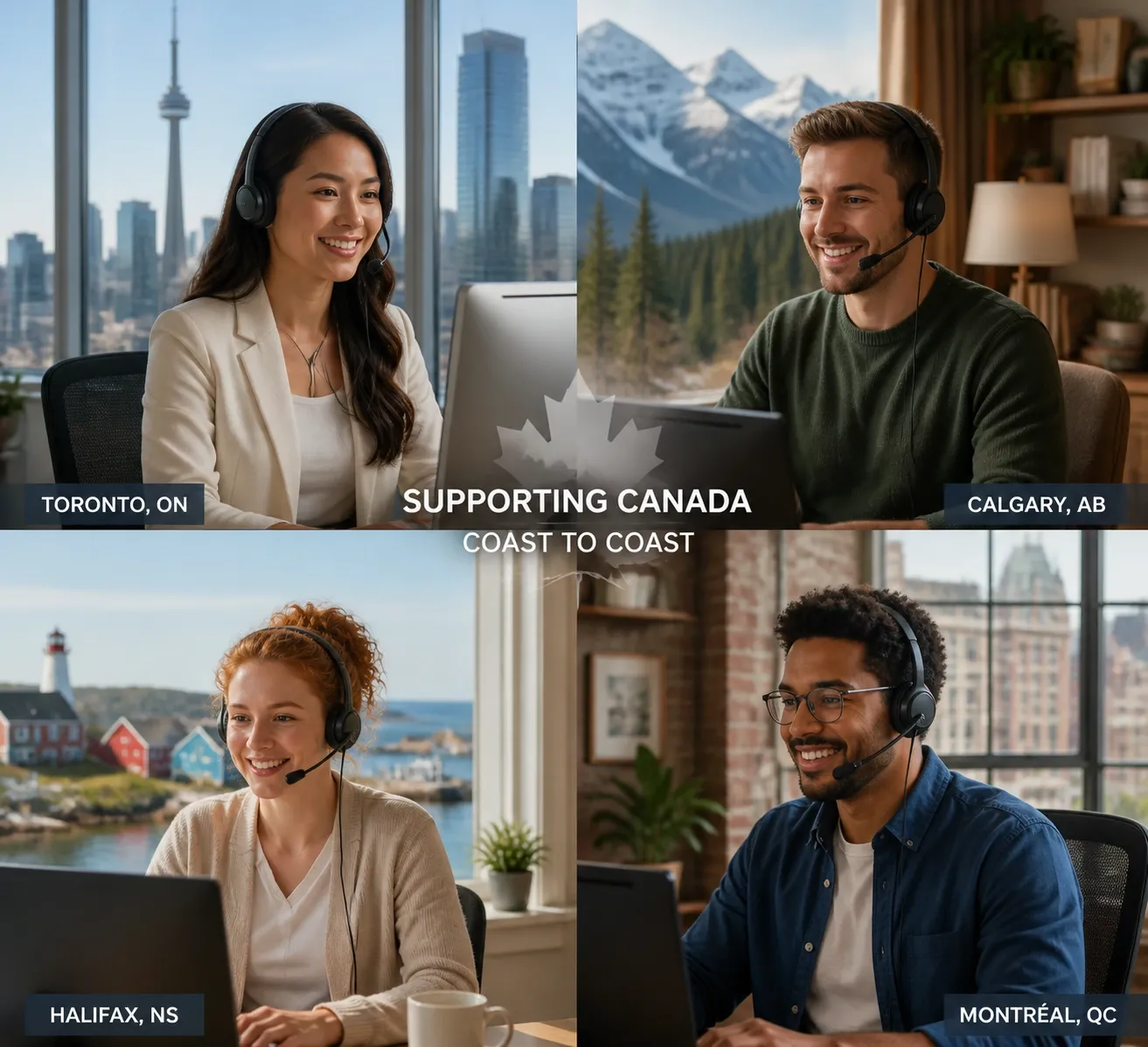 Customer support agents working remotely across diverse Canadian regions using cloud PBX Canada.
