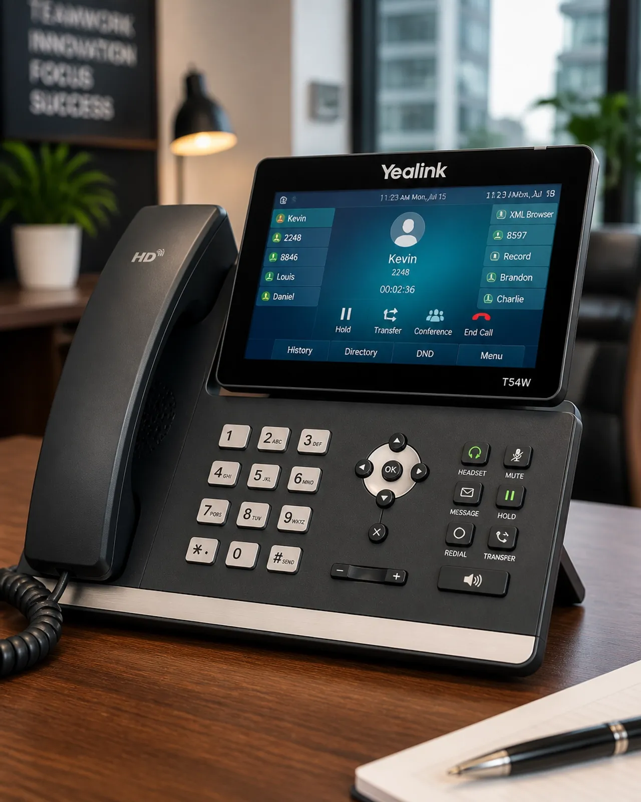 A close-up of a modern Yealink IP phone, a staple for any Cloud PBX setup.