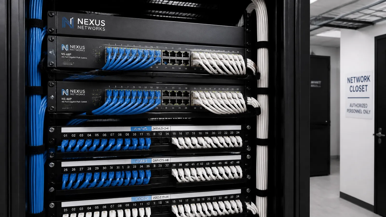 Organized network cabling in a server room, highlighting the importance of structured cabling services.