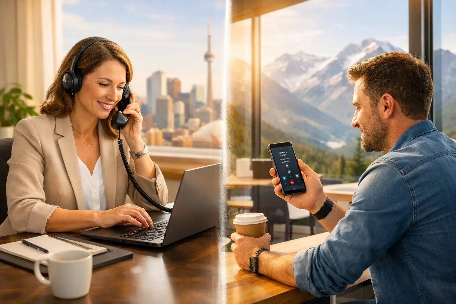 Remote employees using business VoIP Canada services from home and coworking offices.