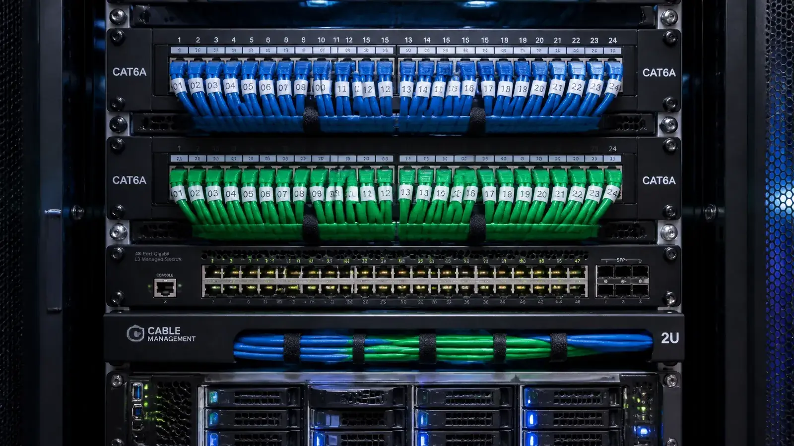An organized server rack showcasing professional structured cabling.