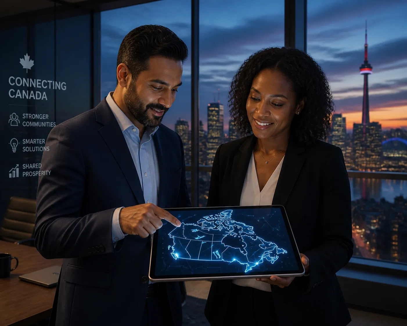 Business professionals reviewing unified communication and national connectivity across Canada.