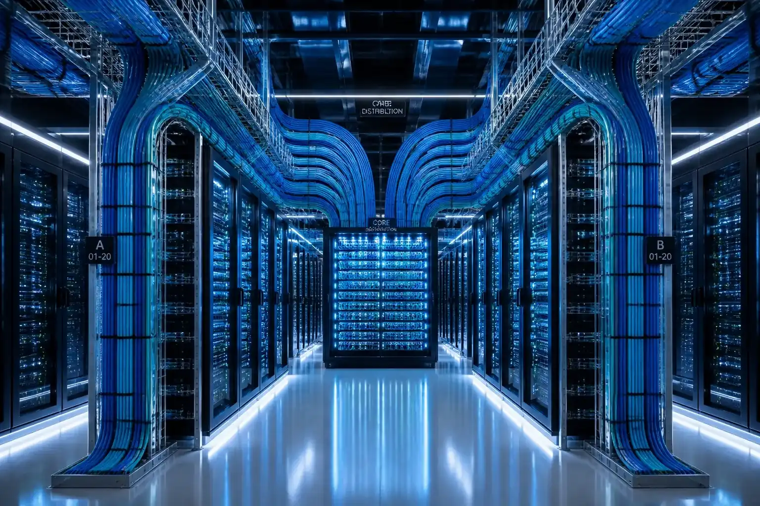 Professional structured cabling services featuring organized network cables in a modern server room.