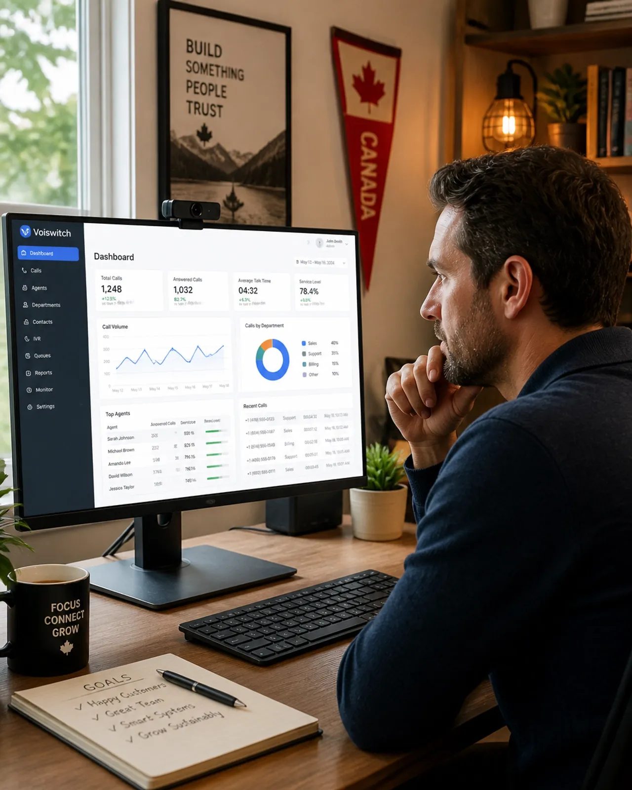A Canadian business owner working from a home office with a cloud management interface