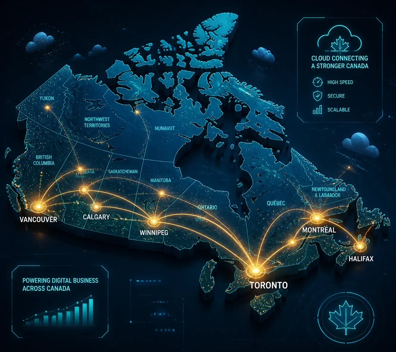 Map of Canada showing connected cities representing cloud PBX network speed and business VoIP scalability.