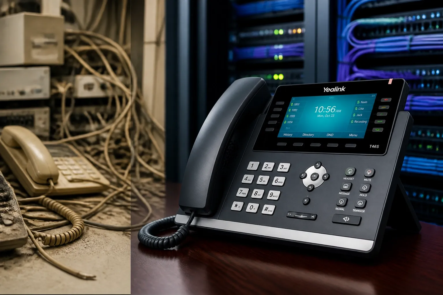 Comparing messy legacy lines to modern business phone systems and professional structured cabling services.