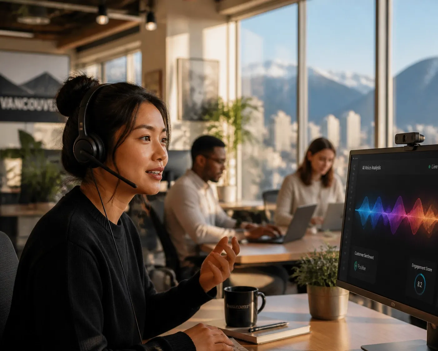 Customer service team in a Vancouver office using AI-powered business VoIP Canada for efficient calls.