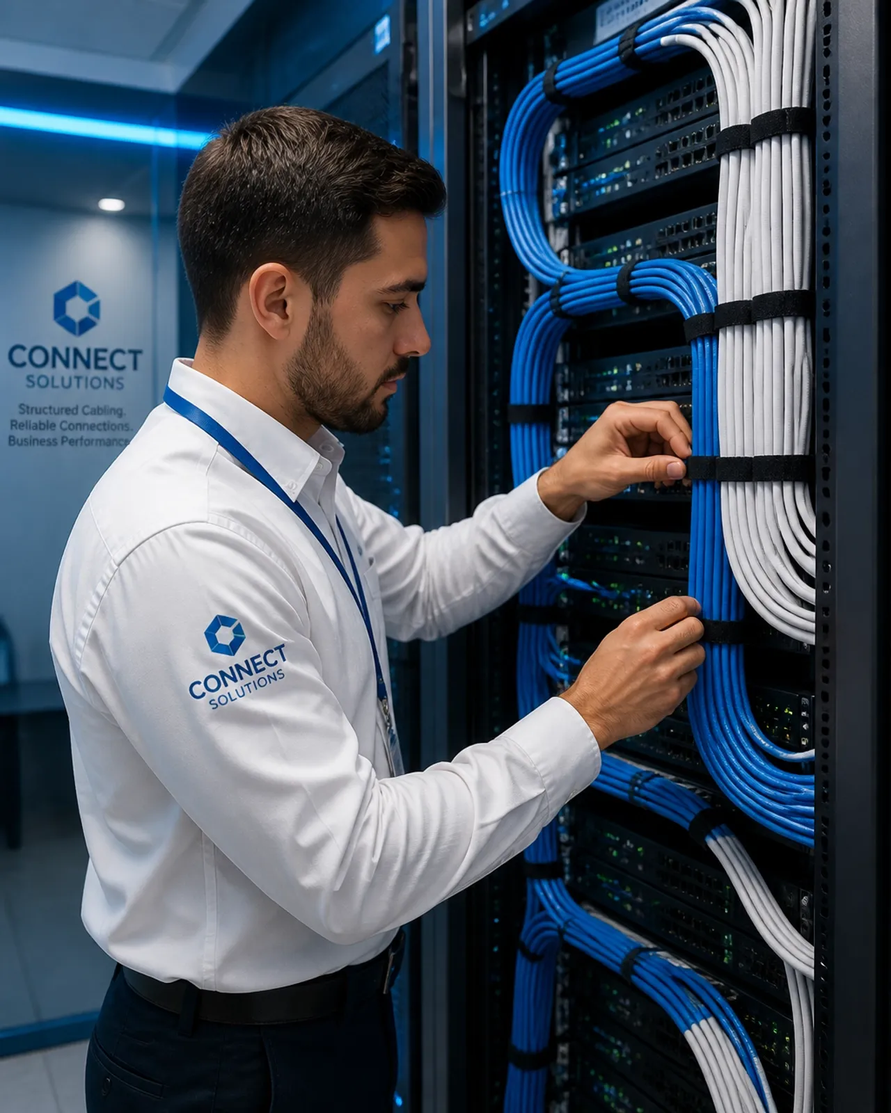 Technician performing professional structured cabling services