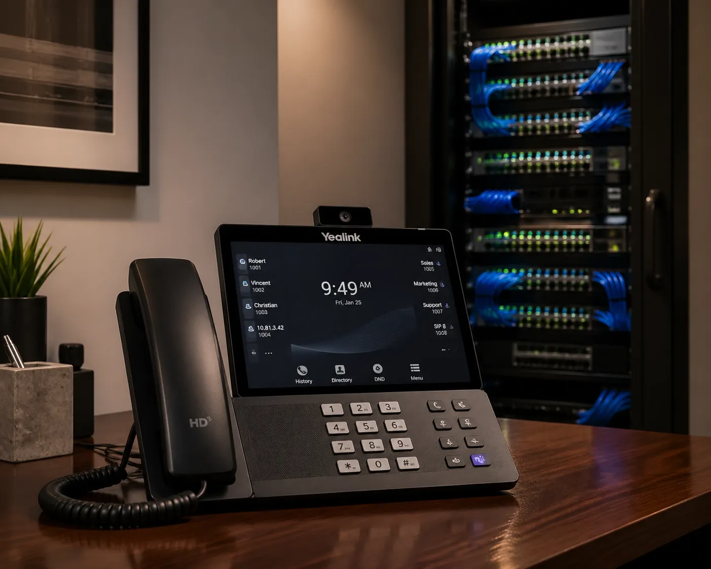 Modern IP desk phone and organized office networking cables required for high-speed hosted PBX systems.