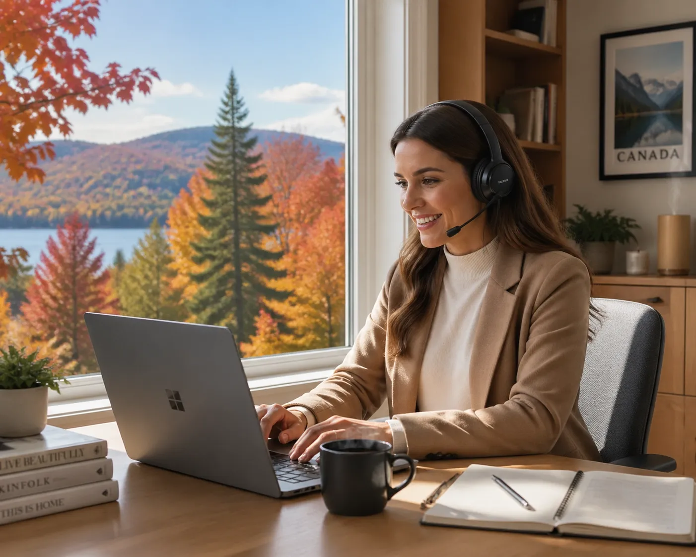 A remote professional using a headset and laptop for business calls via a cloud-based hosted PBX system in Canada.