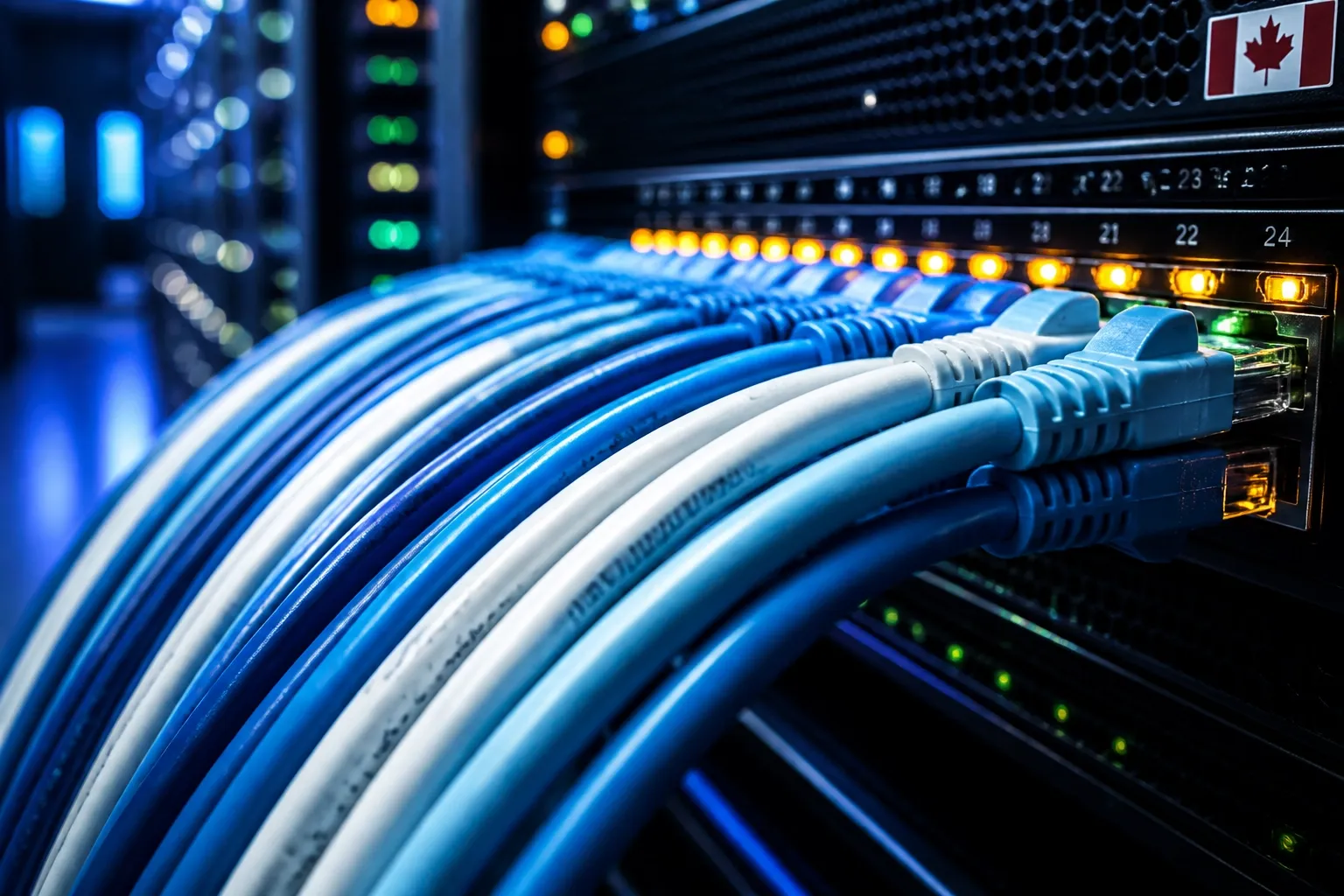 Organized Cat6 ethernet cabling and server infrastructure for high-quality business VoIP and cloud PBX systems.
