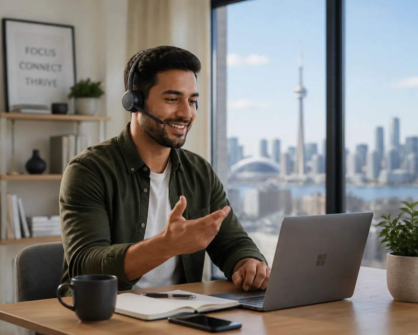 Remote worker in Canada using a business VoIP headset with cloud PBX flexibility for hybrid office work.