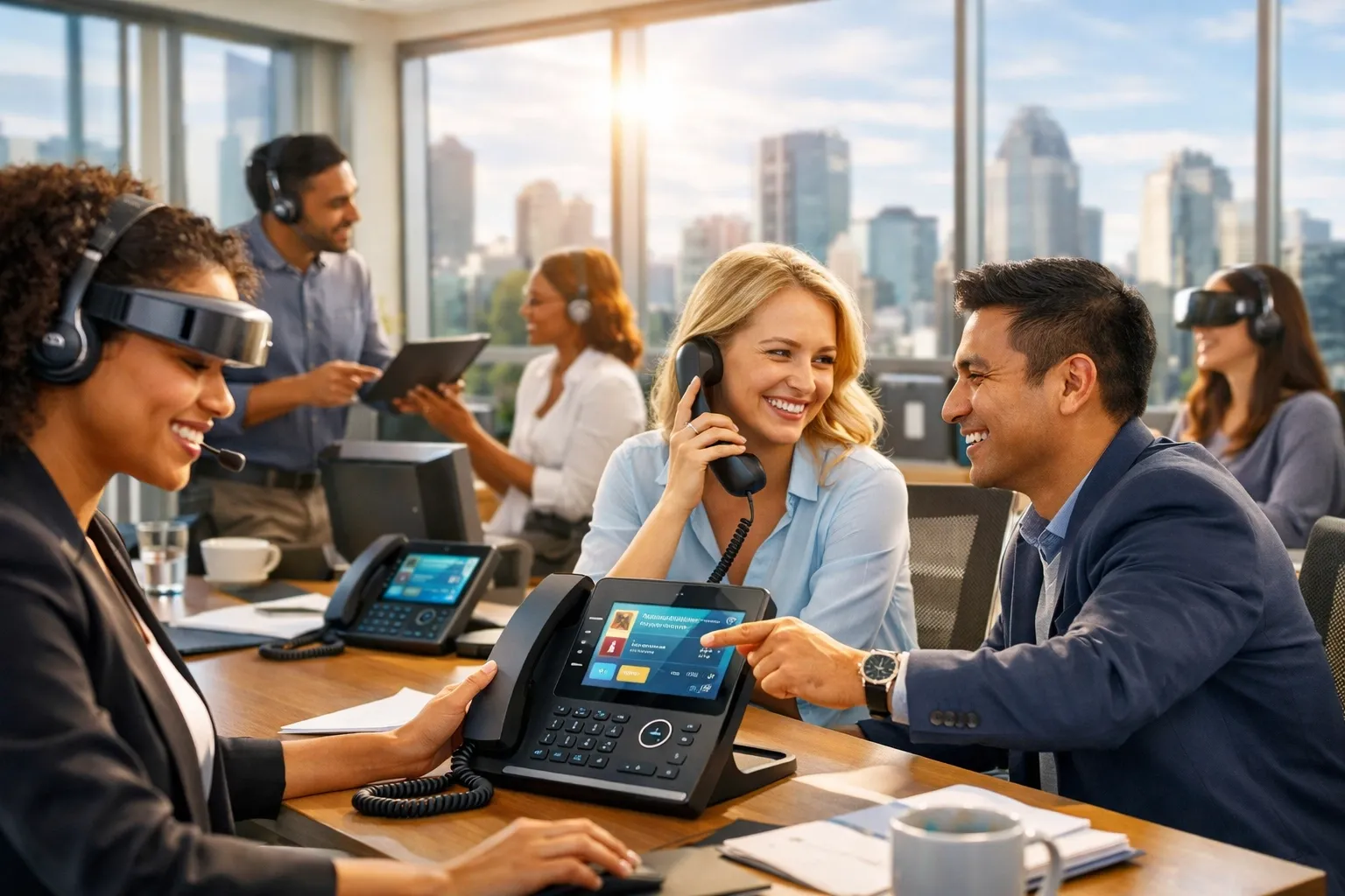 Modern Canadian office using business VoIP Canada headsets and IP phones for professional team communication.