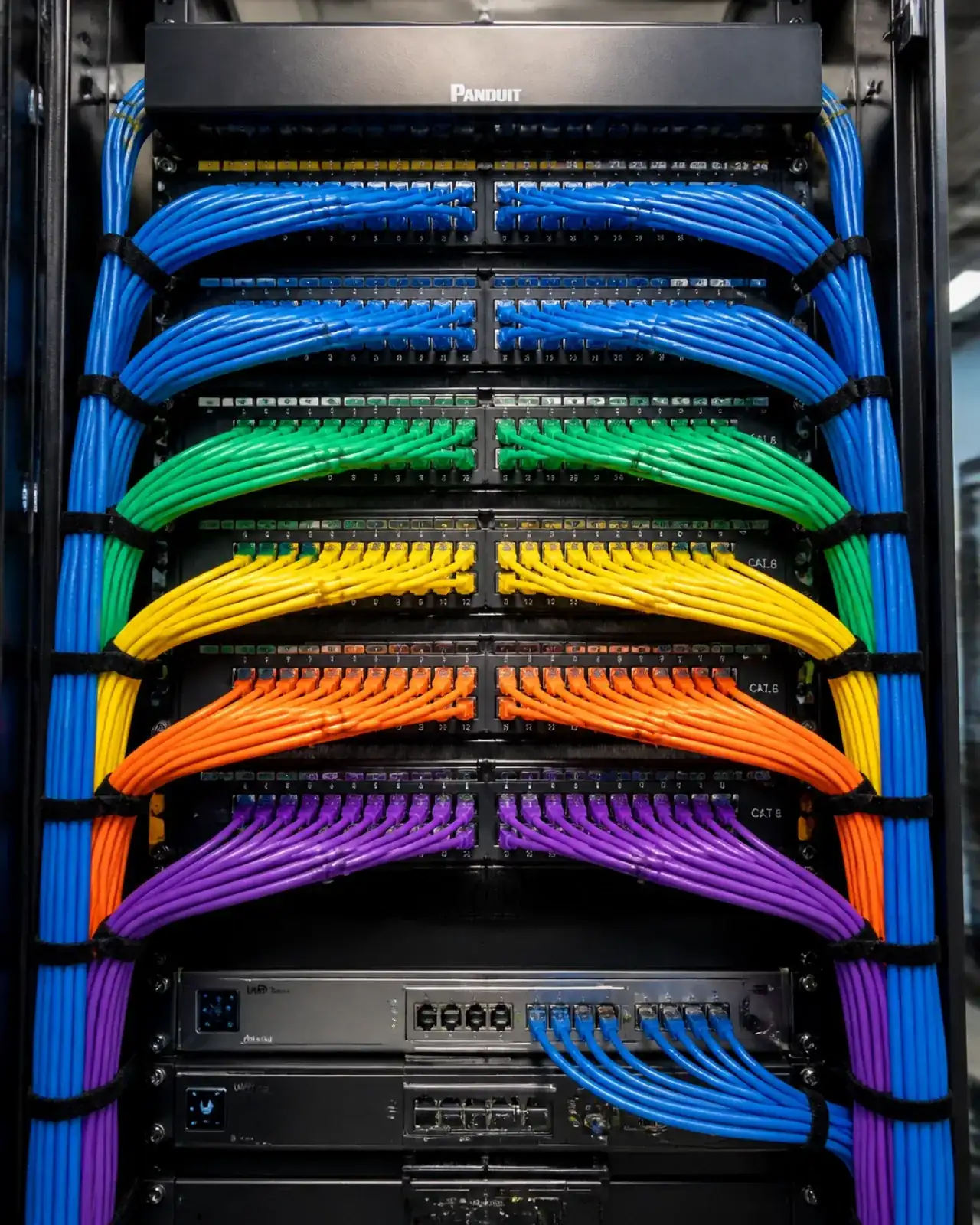 Professional network rack with organized structured cabling