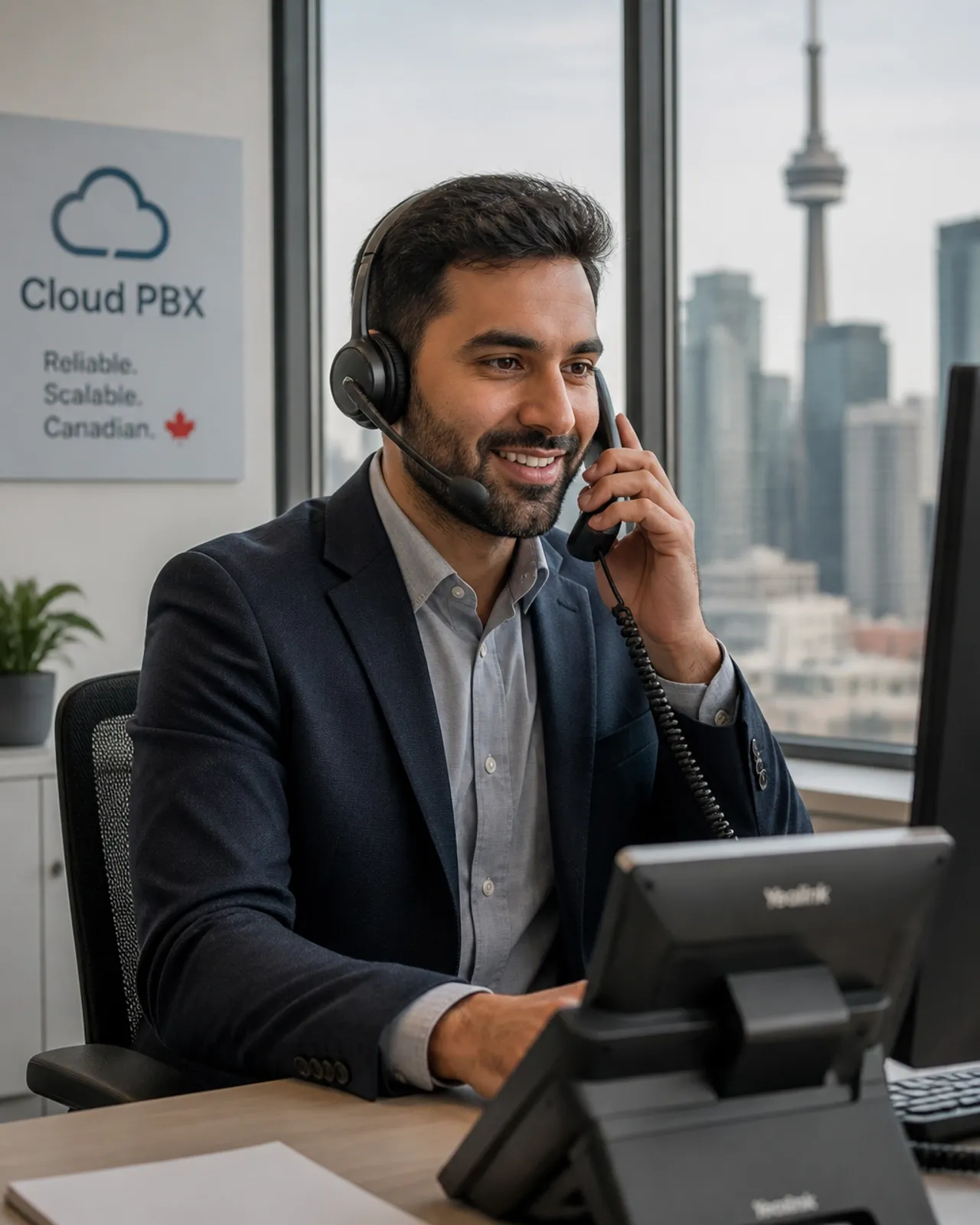 Professional using a business IP phone in a modern office
