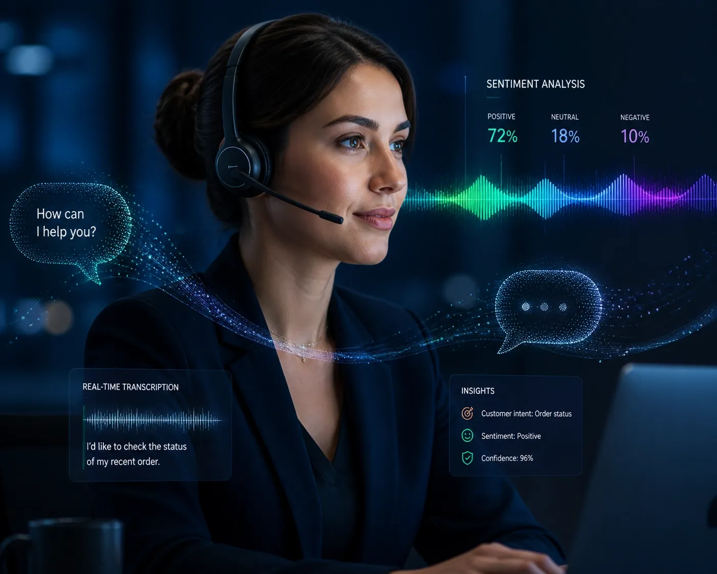 Business professional utilizing AI voice intelligence features in a modern VoIP system.
