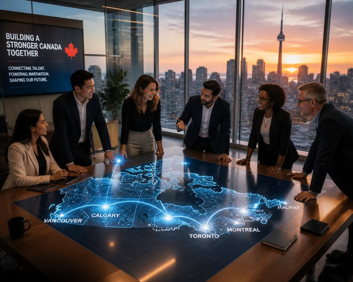 Collaborative team in Canada using nationwide cloud-based business phone solutions.