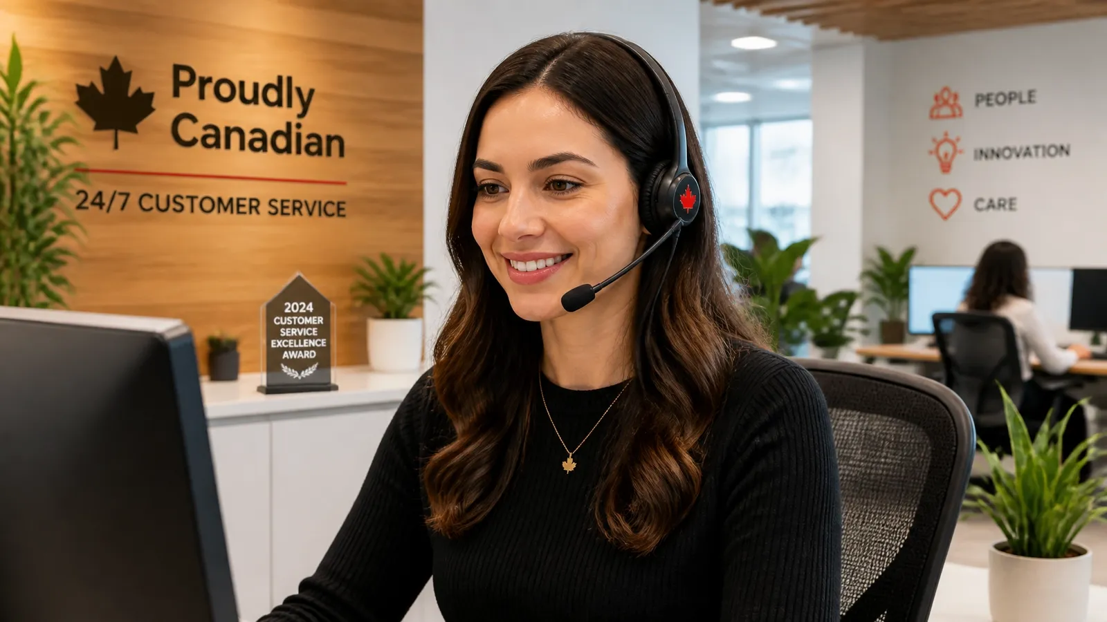A friendly and professional Canadian customer support representative wearing a headset, representing service.