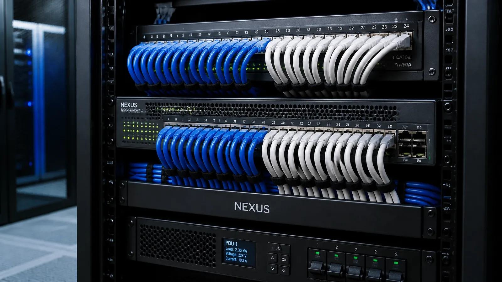 Neat, professional structured cabling in a server rack with blue and white cables, representing a high-performance business network.