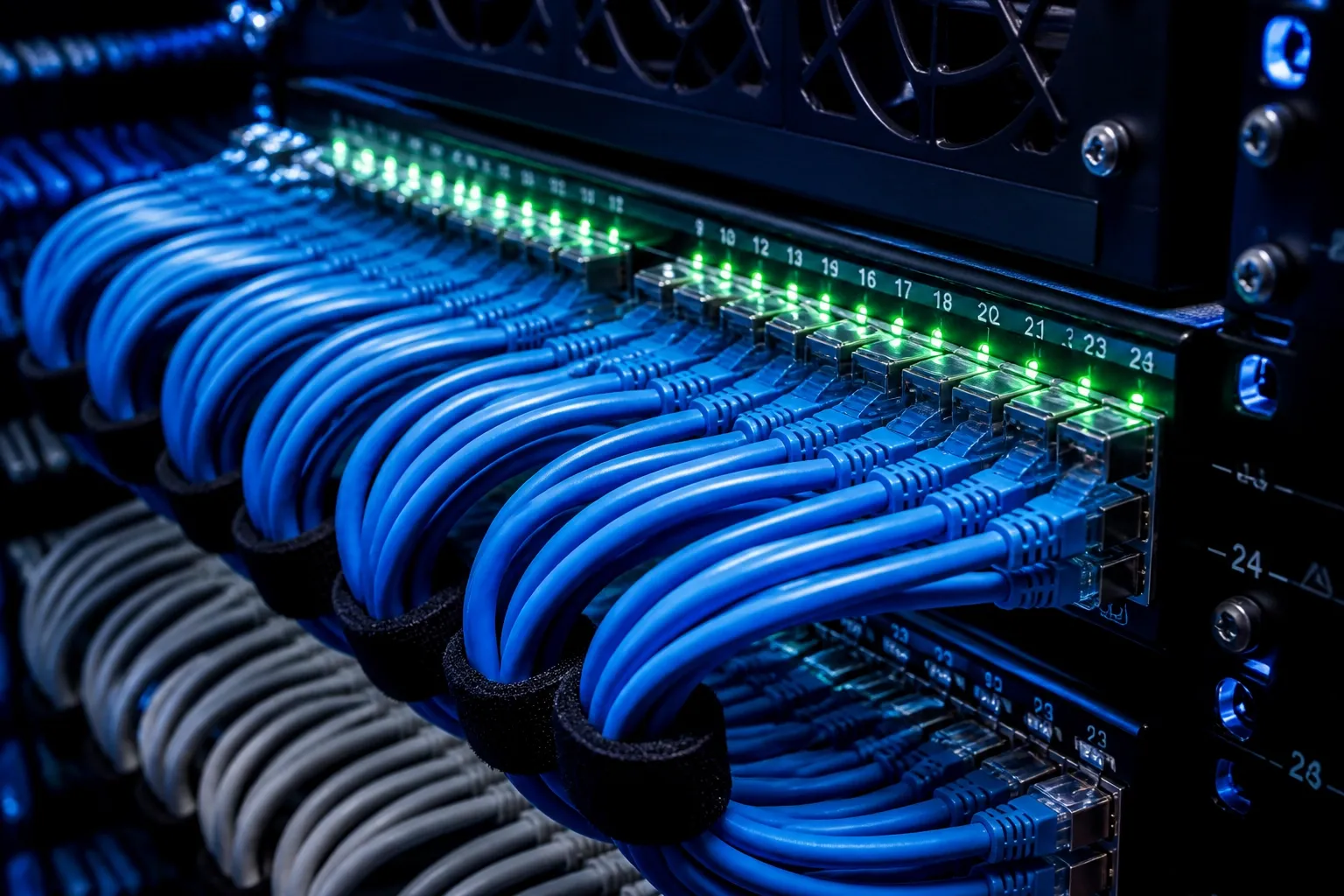 Organized structured cabling in a server room providing reliable infrastructure for business VoIP.