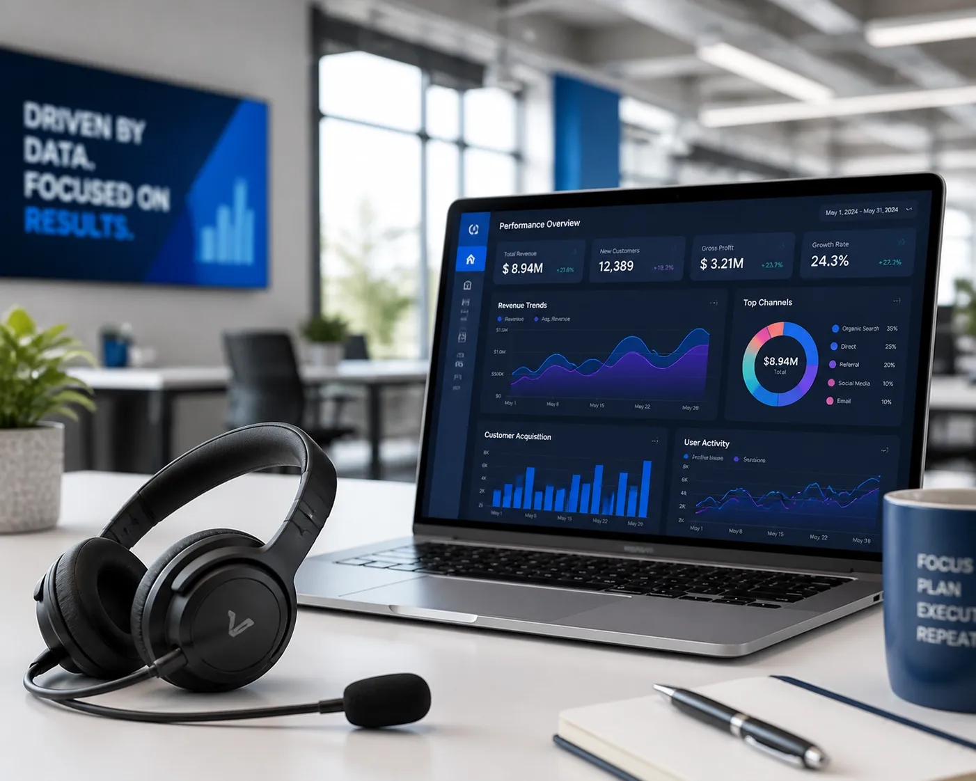 Professional workspace featuring headset and data analytics for business VoIP performance tracking.