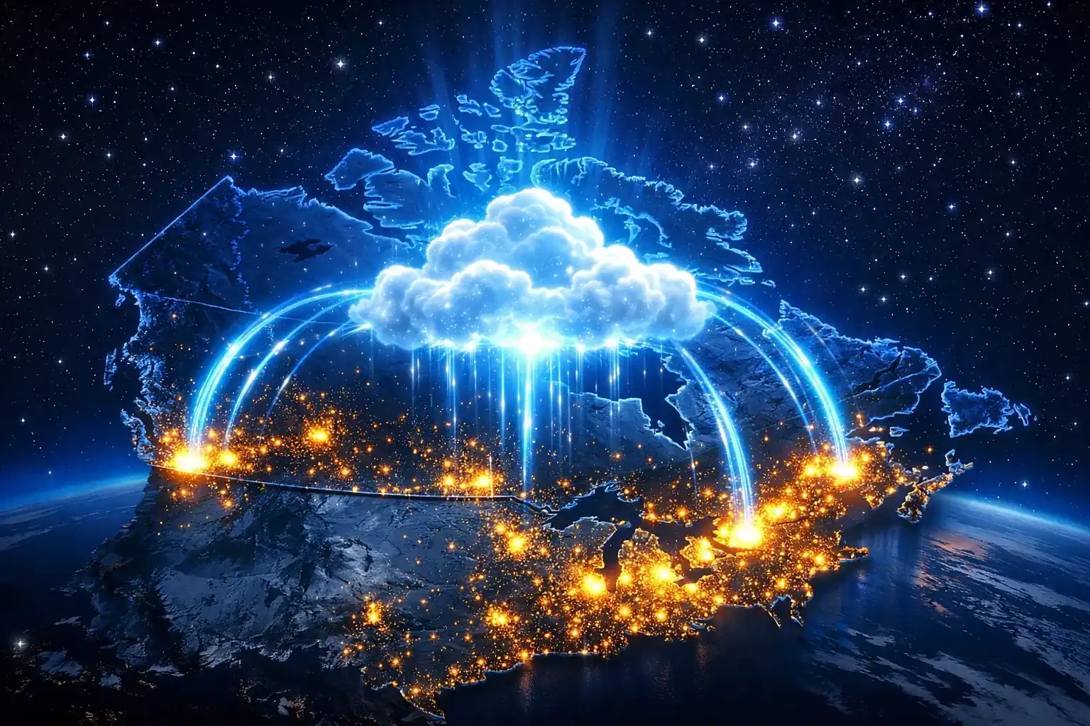 Connected business VoIP Canada network showing data flowing into a central cloud system.