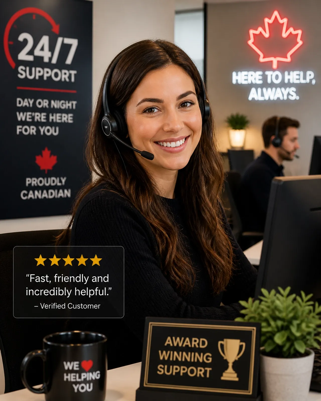 A friendly, professional customer support agent wearing a headset, representing 24/7 support.