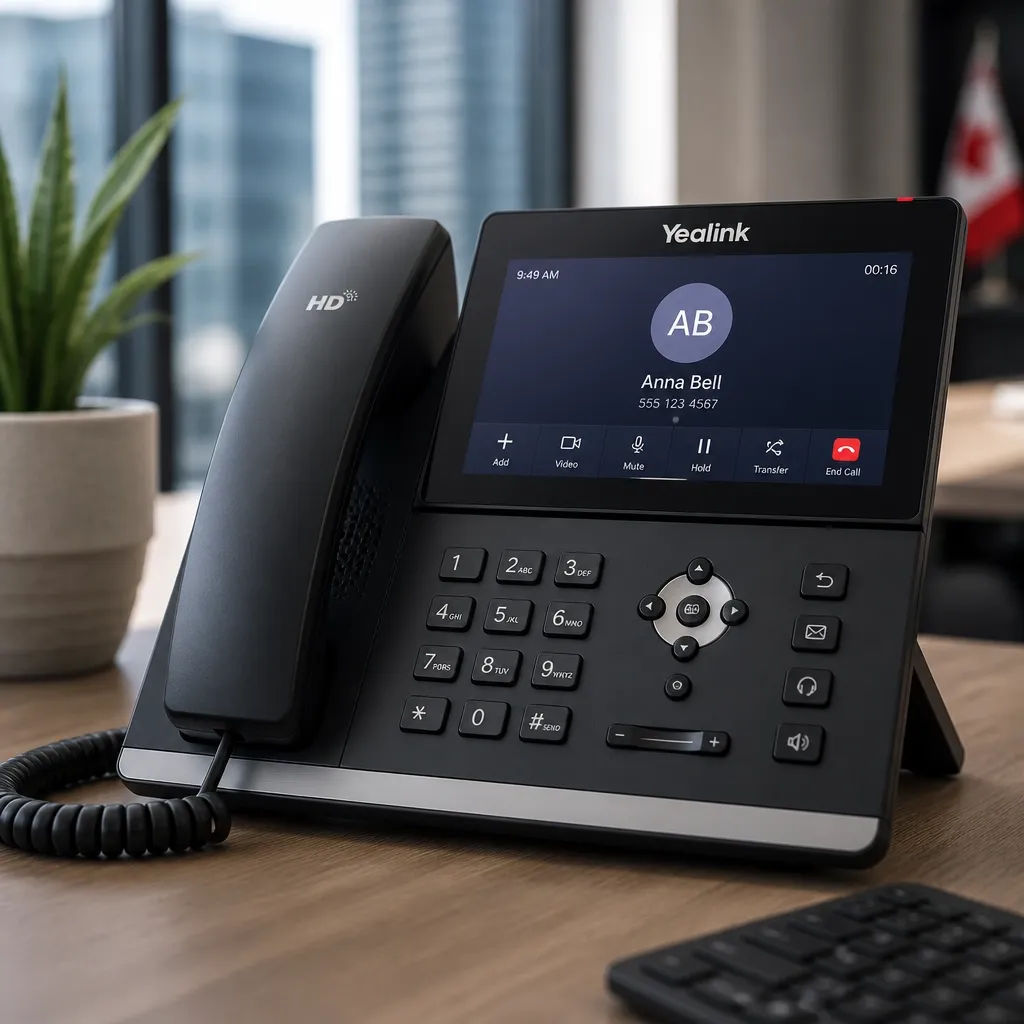 Close up of a premium IP desk phone in a modern Canadian office setting, showing a call in progress.