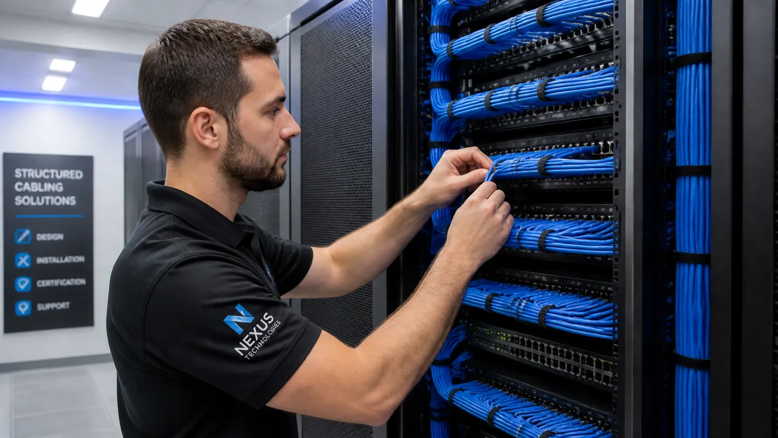 A professional technician neatly organizing blue ethernet cables in a server rack, representing structured cabling services.