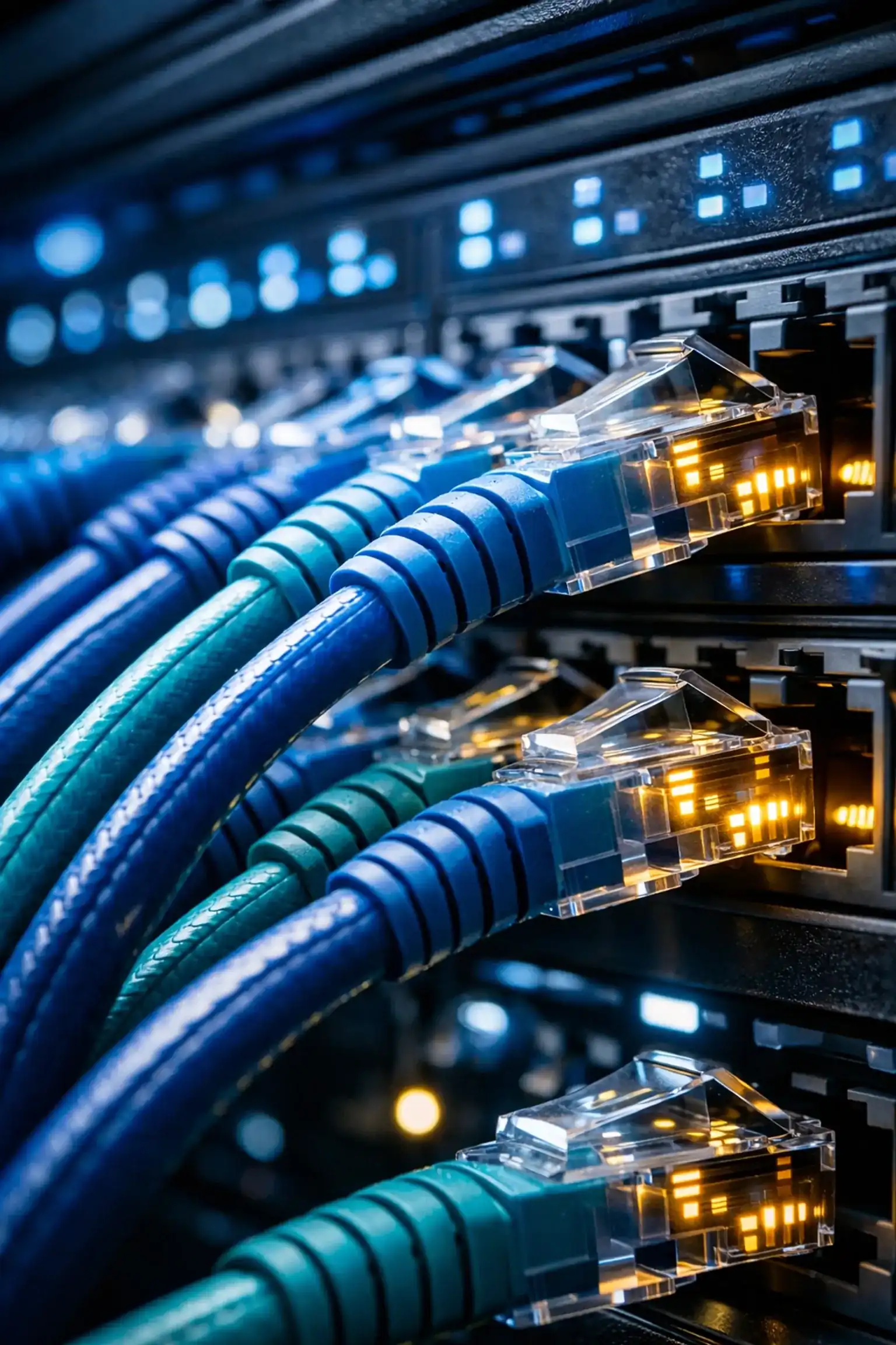 Professional structured cabling services with organized Cat6 ethernet cables in an office server rack.