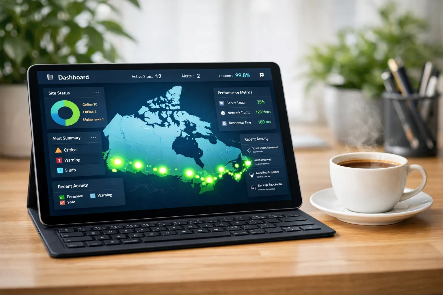 Business VoIP Canada management dashboard on a tablet showing office locations across a map of Canada.