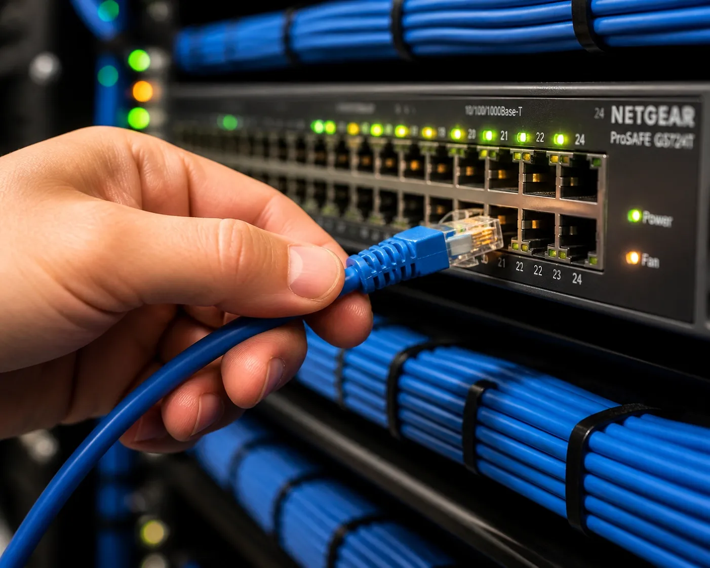 Expert structured cabling services with organized network cables and a network switch for reliable business VoIP.
