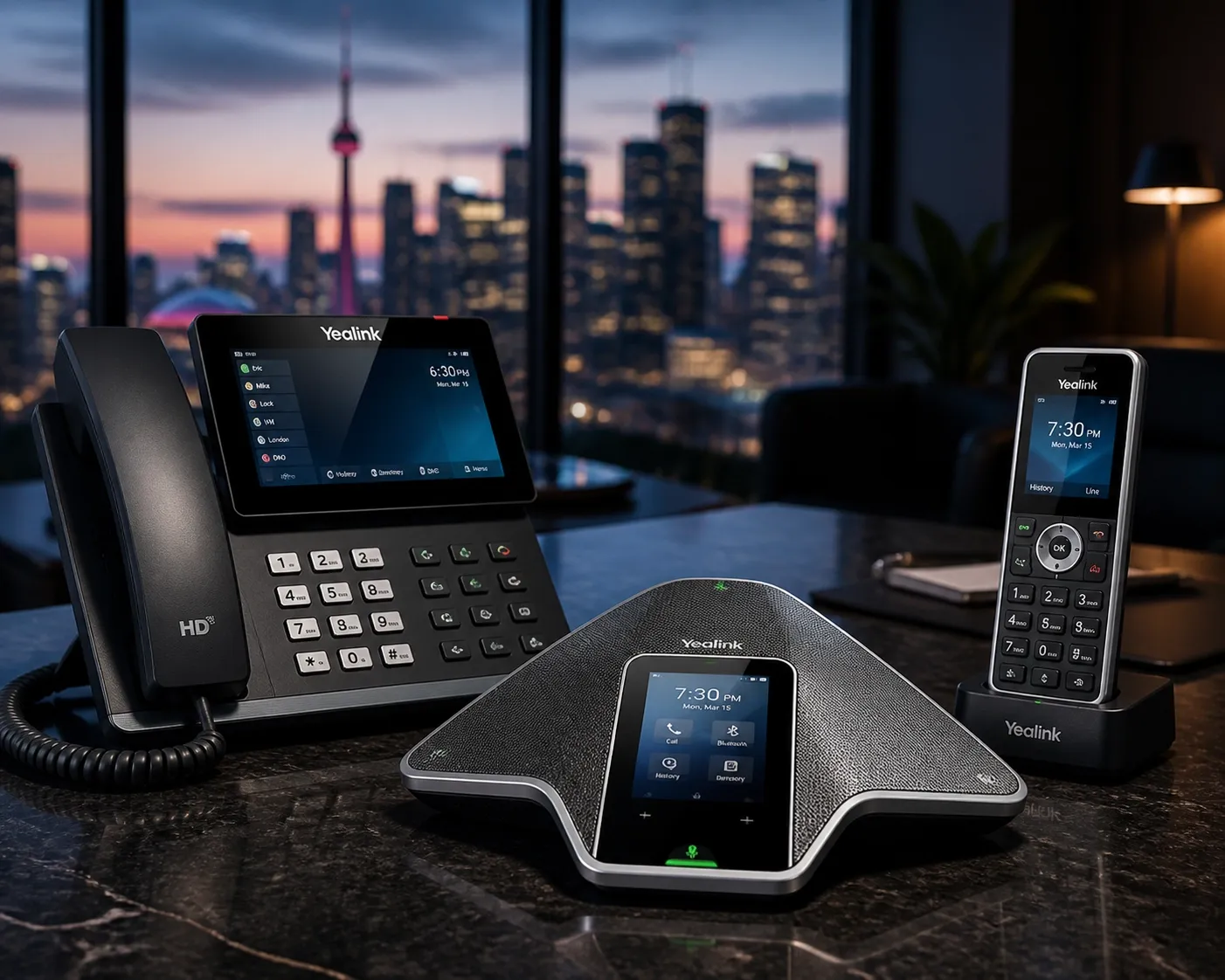 Professional business VoIP hardware including IP phones and conference systems for a modern Canadian office.