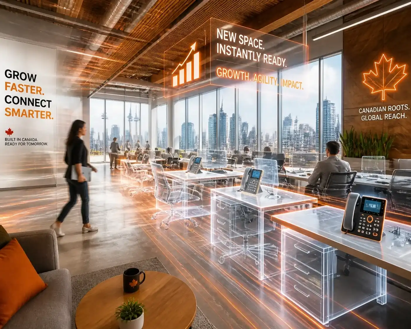 Scalable modern Canadian office showing rapid deployment of cloud PBX systems and IP phones.